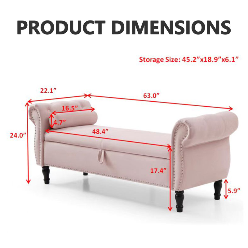 Tabouret de rangement en velours de 63 po avec coussin Fotina, Rose