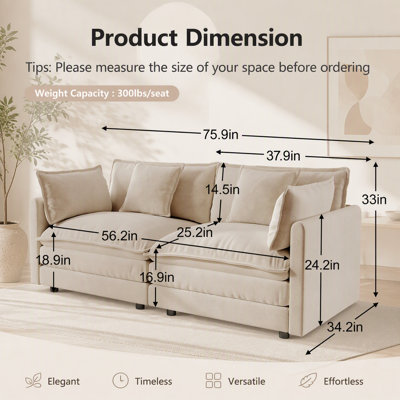 Modern Fabric Loveseat Sofa Couch for Living Room, Large Size Deep Seat with 4 Pillows, Light Coffee Chenille Upholstery
