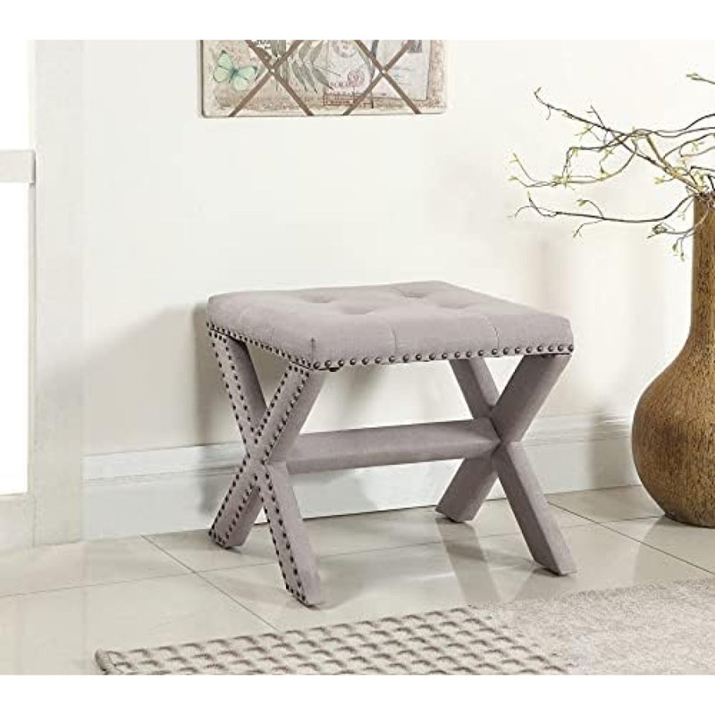 Linen Blend Accent Bench With Nailhead Trim, Tufted Seat Bench For Entryway Living Room, Grey, Gray