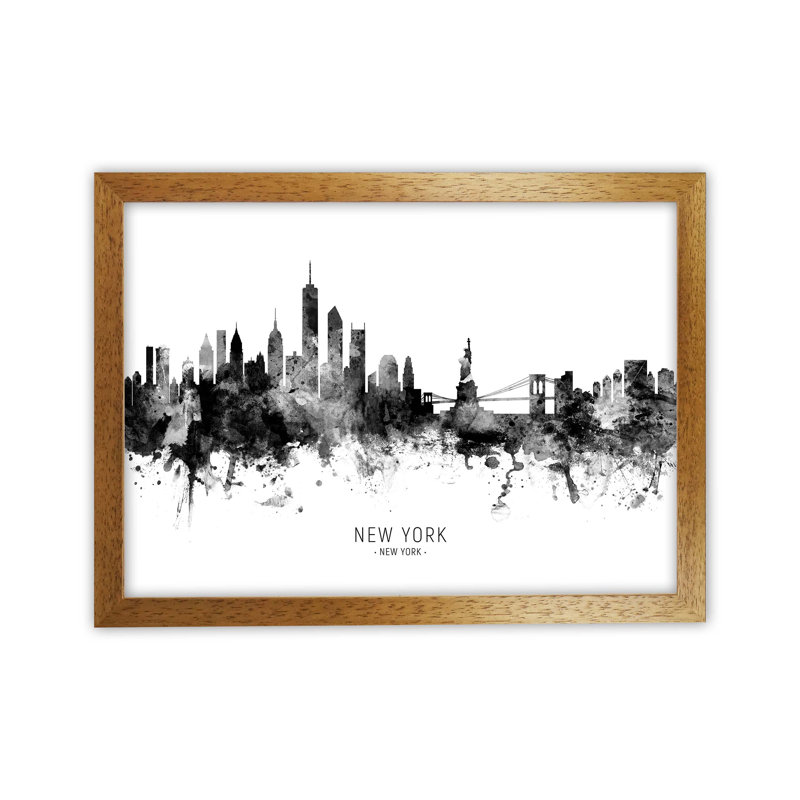 New York New York Skyline Black White City Name by Michael Tompsett - Print, 25cm H x 34cm W x 3cm D, Brown Framed