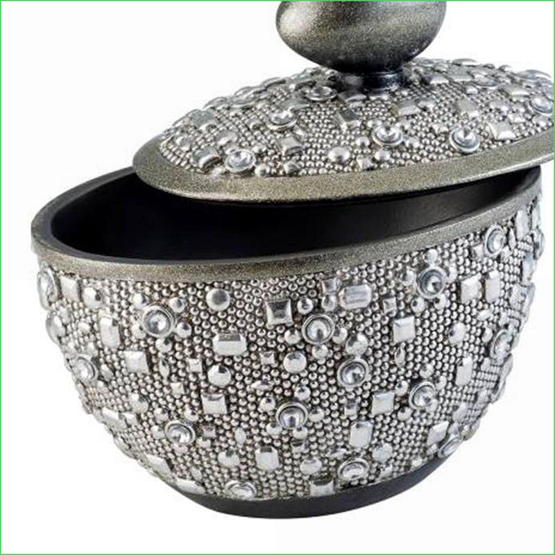 Boîte à bijoux, rangement décoratif rond de 8 po de hauteur avec poignée en forme d'œuf | Finition argentée | Polyrésine