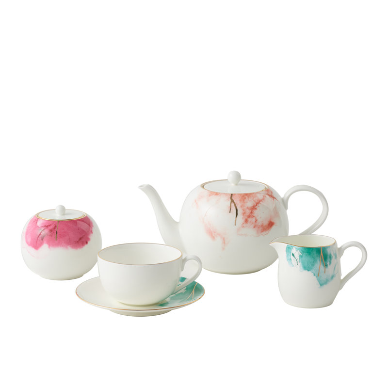 Premium Porcelain Teapot Building Filter Water Colour Pattern Gold Banding Light Weight 1200Ml