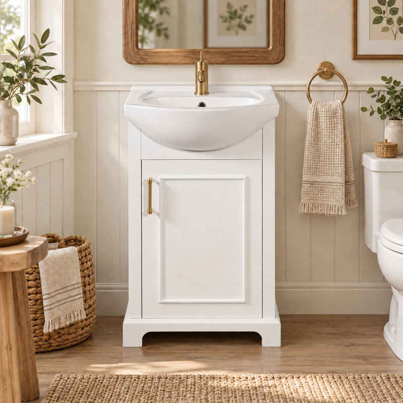 Meuble-lavabo de petite taille (20 po) avec lavabo en céramique, armoire autoportante à une porte avec étagères de rangement