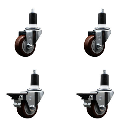 3 Inch Maroon Poly Wheel Swivel 1-1/2 Inch Expanding Stem Caster Set 2 Brakes SCC