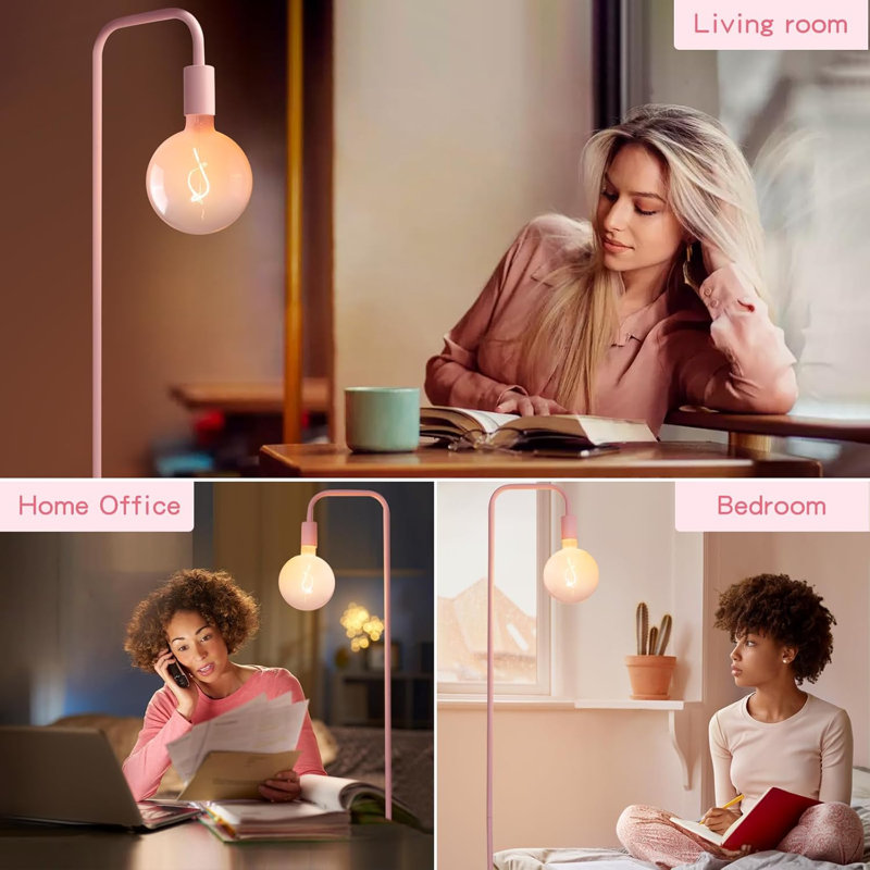 Floor Lamp For Living Room, Minimalist Industrial Standing Lamp With Modern Led Bulb, Pink