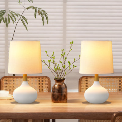  14" Modern White Ceramic Small Table Lamp with Pre-Assembled Shade for Living Room, Bedroom and Study