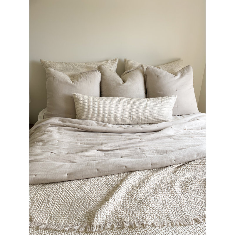 Ensemble de courtepointe 100% coton 3 pièces, Courtepointe très grand + 2 taies décoratives, Beige