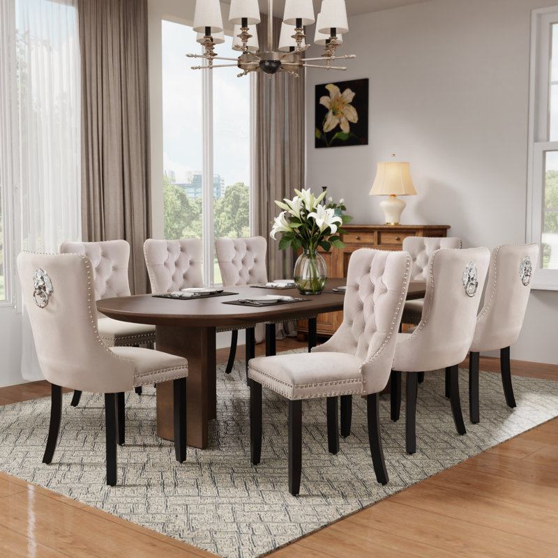 Modern Velvet Tufted Solid Wood Kitchen Chairs Upholstered Dining Chairs Set of 8, Brown, Beige