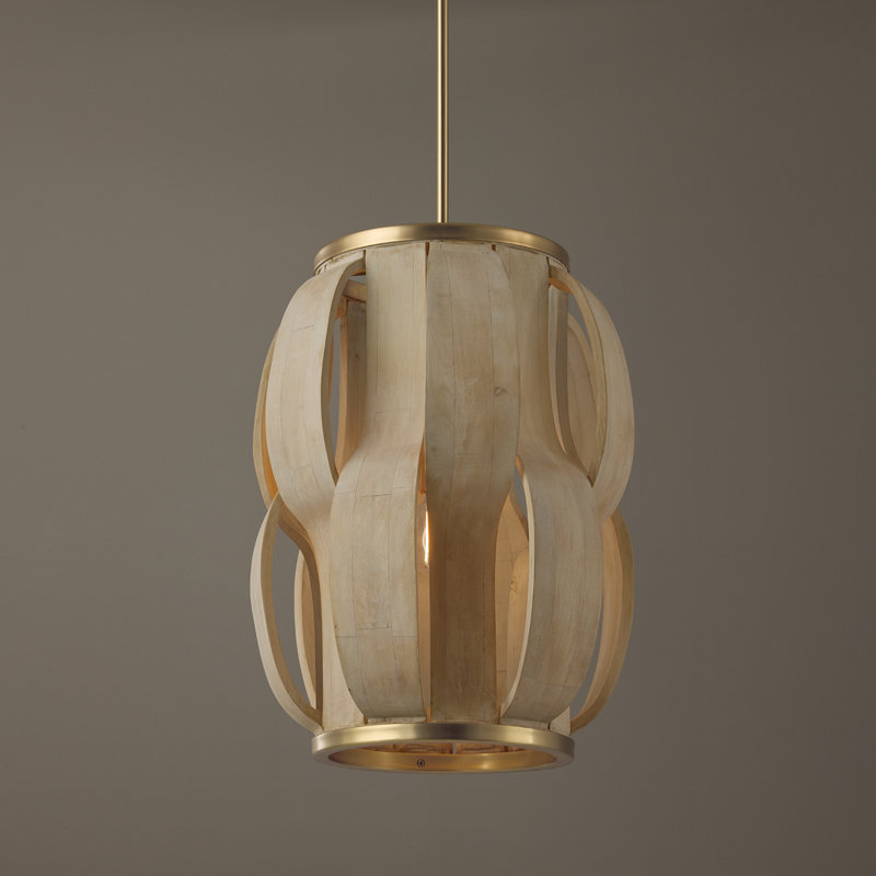 16" W x 21.25" H 1-Light Handcrafted Cylindrical Pendant in Matte Brass with Hand-carved Bleached Mango Wood Panels
