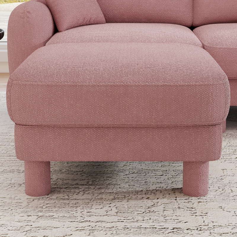 Modern Boucle Upholstered Sofa,3-Seater L-Shaped Sofa Couch With  Movable Ottoman, Pink