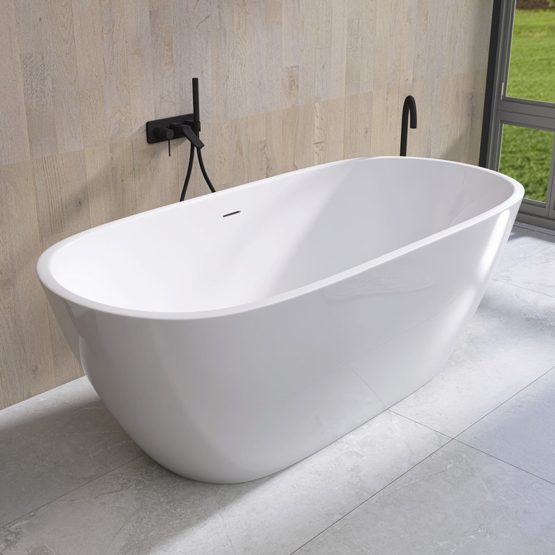 65'' x 30'' Freestanding Soaking Tub  Stand Alone Acrylic Bathtub with Center Drain, Glossy White