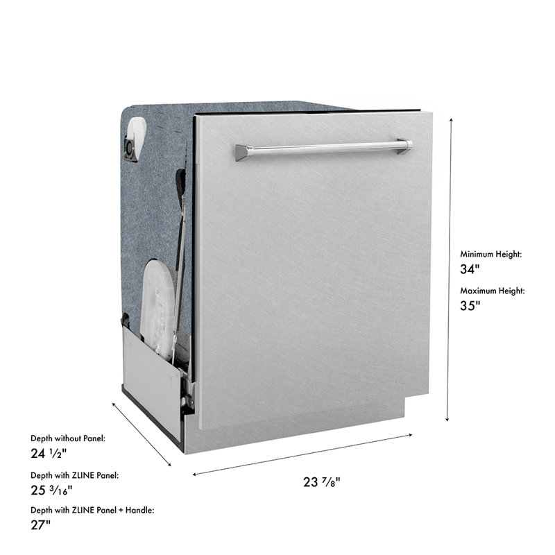ZLINE 24 in. Monument 3rd Rack Dishwasher with Auto Door Open Drying, 44dBa, Satin Steel Panel, Satin Stainless Steel