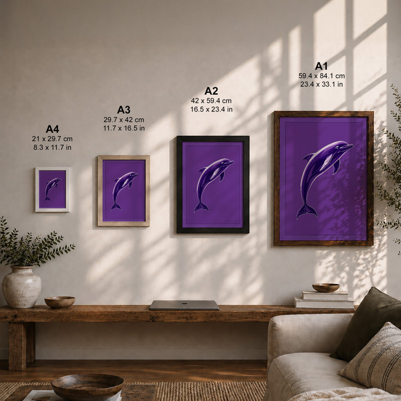 Leaping Dolphin Minimalist - Framed Print, A3 - 42.0 x 29.7 cm, White