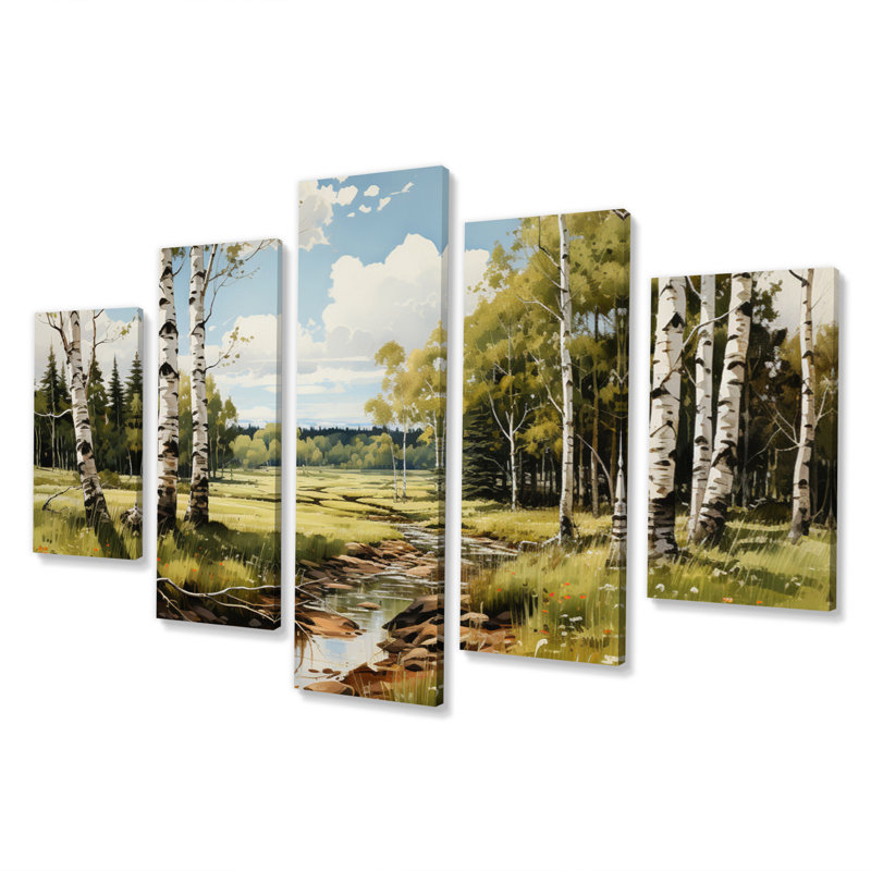 Birch Tree Whispers Landscape II - Décoration murale bouleau - 5 panneaux