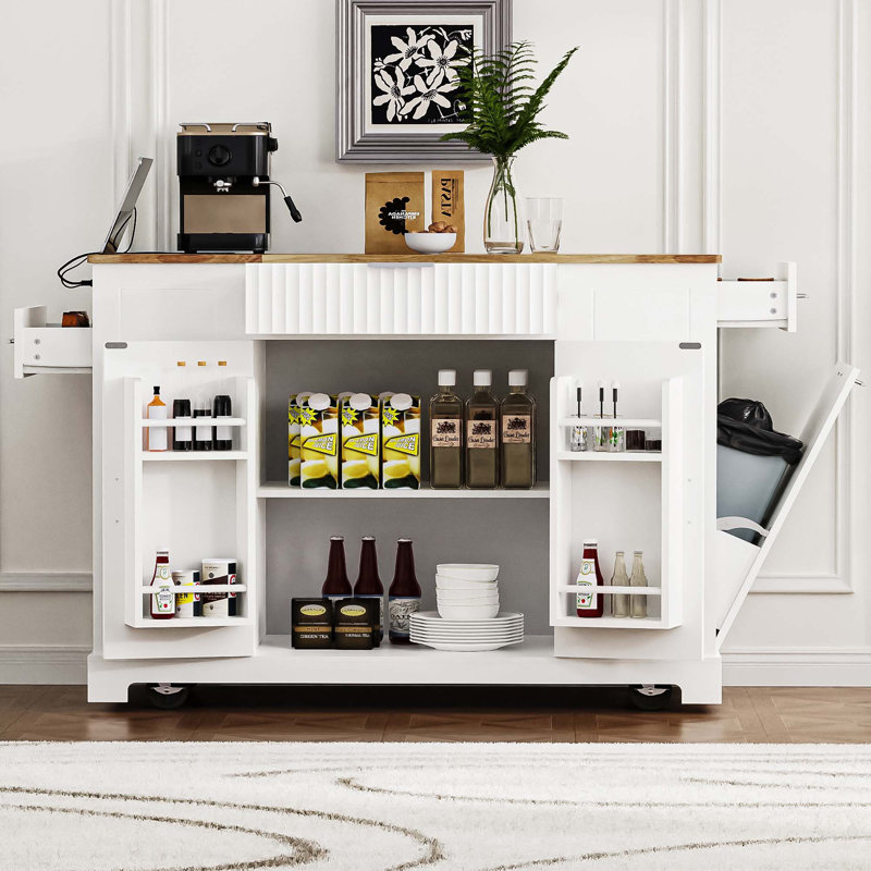 Îlot de cuisine cannelé avec armoire de rangement pour poubelle, prise de courant, 5 roulettes, 3 tiroirs, 3 supports latéraux ouverts pour poubelle de 10 gallons