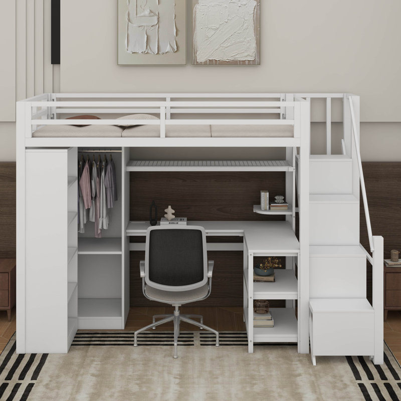 Lit mezzanine simple en métal avec bureau, ports USB, tablette et escalier