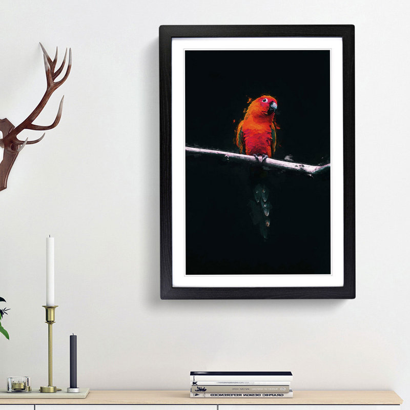 Perched Parrot in Abstract - Picture Frame Graphic Art Print, 36cm H x 27cm W x 2cm D, Black Framed