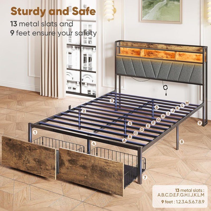 Upholstered Low Profile Platform Bed Frame, Queen