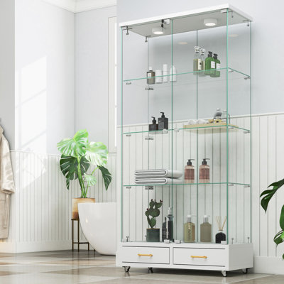 Modern Curio Cabinet with LED Lighted Shelves, Storage Drawers, and Movable Design