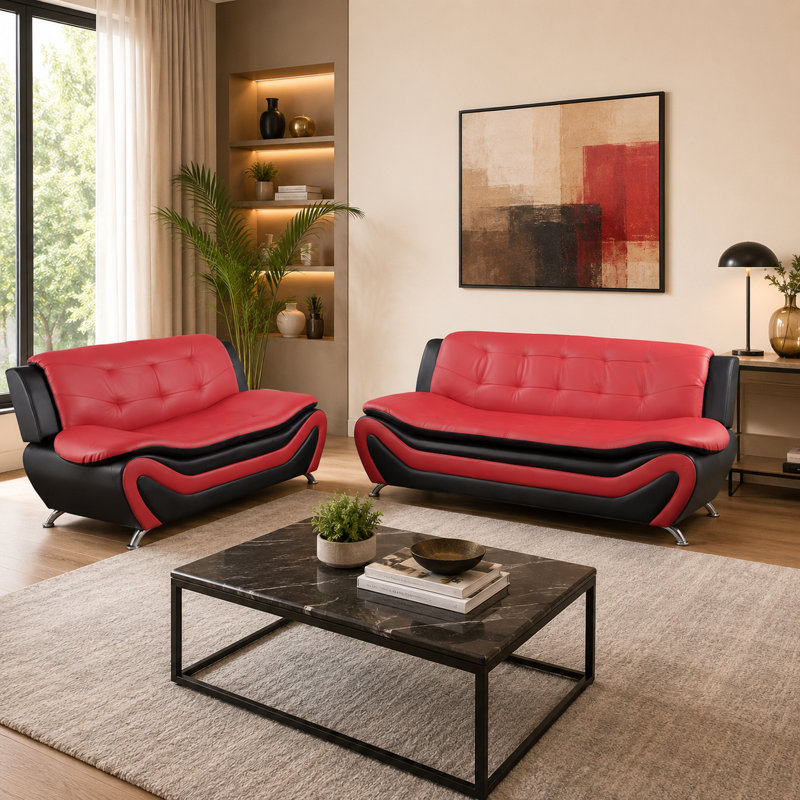 Ensemble de canapé moderne en similicuir - ensemble de salon 2 pièces au design contemporain courbé, Similicuir noir et rouge