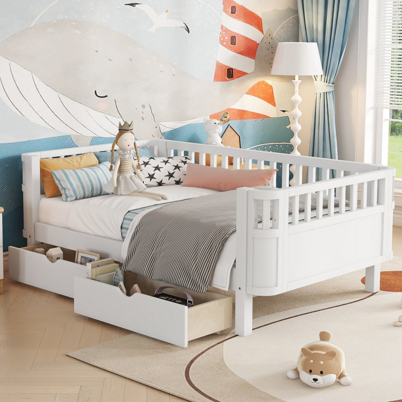 Lit plateforme simple en bois avec garde-corps et 2 tiroirs de rangement, structure de lit simple à profil bas pour garçons et filles, blanc