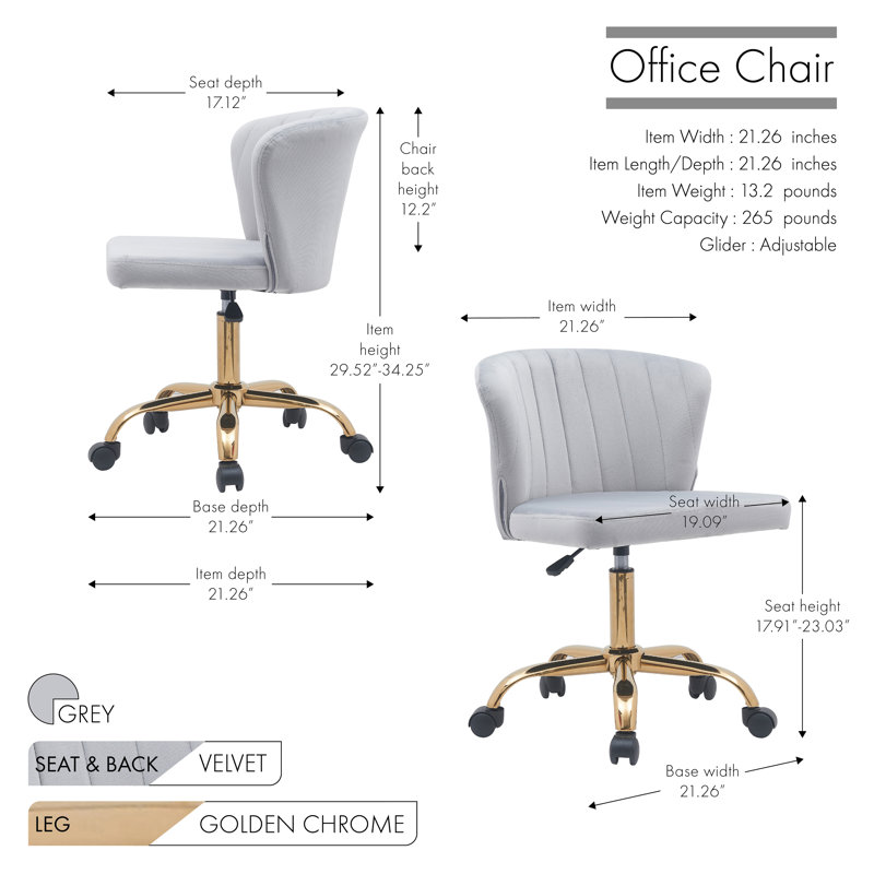 Chaise de bureau en velours Josephine avec base en chrome doré, Gris