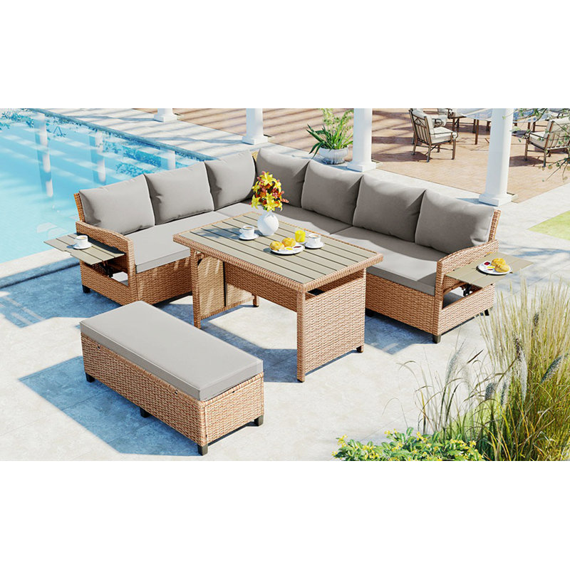 Ensemble de canapé d'extérieur modulaire en forme de L avec 2 tables d'appoint extensibles pour la cour et la piscine, Brun