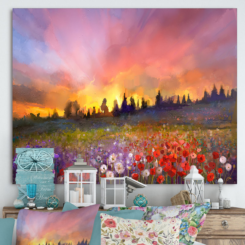 «Sunset Meadow Landscape, Poppy Dandelion and Daisy», reproduction d'art sur toile, H 12 po x l 20 po x P 1 po, Toile tendue