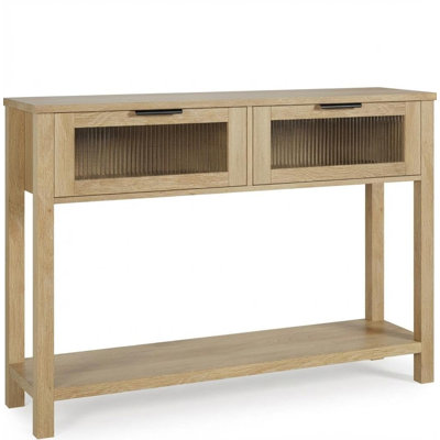 Console brun rustique à 2 niveaux avec 2 tiroirs en verre - table d'appoint étroite avec tablette de rangement ouverte - bois massif pour vestibule, couloir, salon, cuisine, canapé derrière