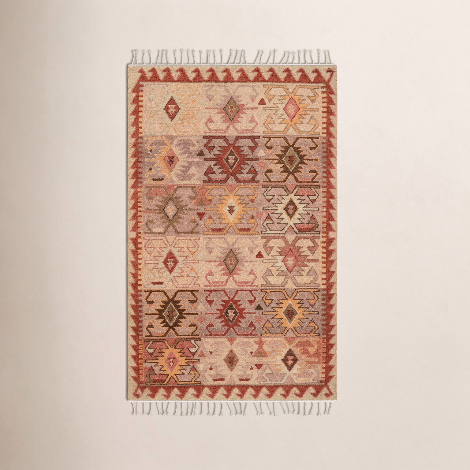 Beige Red Yellow Hand-Knotted Wool Rug, Rectangle 5' x 8'
