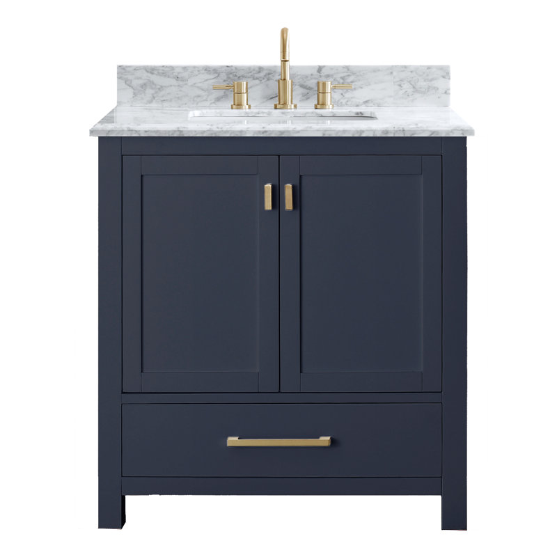 Modero 30" Single Bathroom Vanity with Top, Carrera White Marble, Navy Blue, Gold