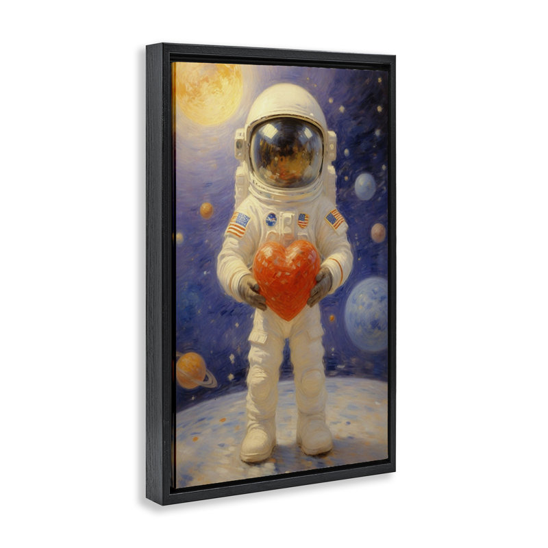 Astronaute tenant un cadre flottant en forme de cœur, design par Angie Hawke, Cadre flottant noir de jais, H 25 po x l 17 po