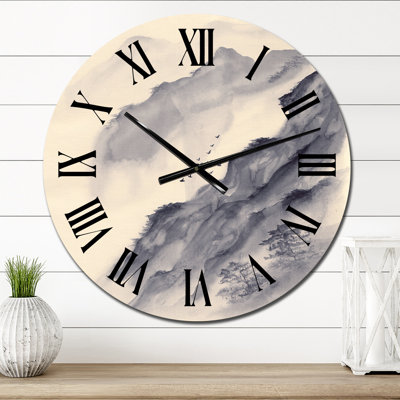 Montagnes asiatiques grises avec oiseaux - horloge murale moderne