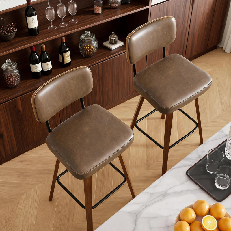 Tabourets de bar pivotants de 66 cm (26 po), avec dossier et pieds en bois courbé, Brun, 2