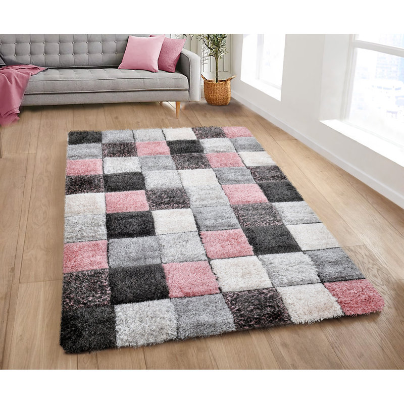 Shaggy Blocks High Pile Rug - Pink, Rectangle 60 x 110 cm