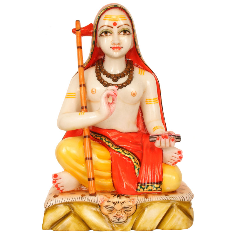 Handcrafted White Marble Jagadguru Shankaracharya Statue - Seated Adi Shankara Spiritual Home Decor Hindu Religious Art Made in India
