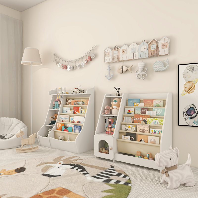 Kreena 37.17"H x 33.46"W 4 Tier Book Display Bookcase Bookshelf with Storage Organizer, White