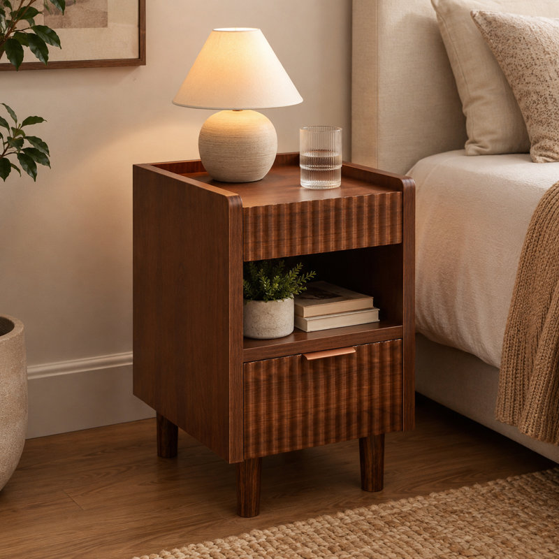 Table de chevet en MDF cannelé brun noyer avec tiroir et casier ouvert Facile à assembler pour le salon de la chambre à coucher Petit espace et chevet