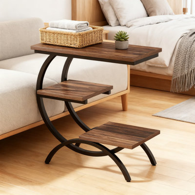 Industrial C-Shaped End Table With 3-Tier Storage Shelves, Space-Saving Side Table For Couch And Bedside, Sturdy Metal Frame And Wood Tabletop