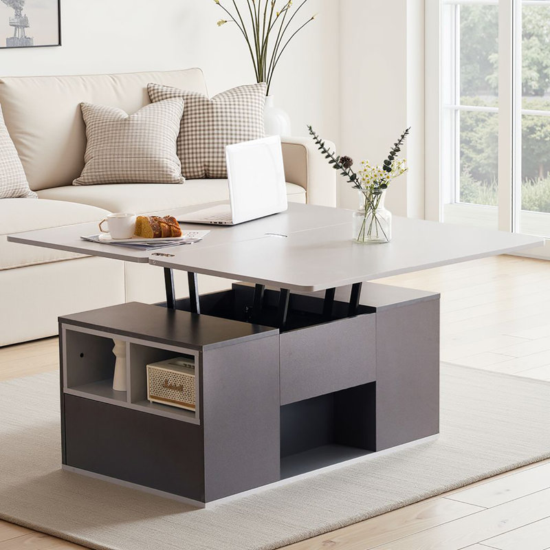 Lift Top Block Coffee Table with Storage, Light Grey/Dark Grey