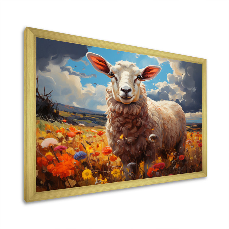 " Sheep Vibrant Meadows ", Gold Single Picture Framed, 12" H x 20" W x 1" D