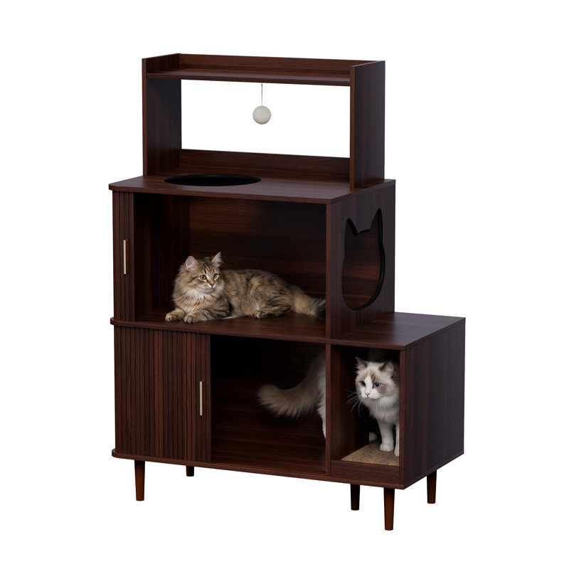Enceinte de litière pour chat avec porte-tambour coulissante, chatière en bois à 3 niveaux avec tablette à gratter et jouets, armoire à litière cachée pour chats d'intérieur
