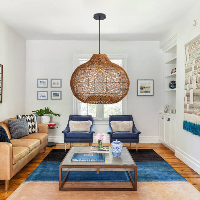 Retro Rattan Pendant Lamp for Dining Table, 23.23" H x 23.62" W x 23.62" D