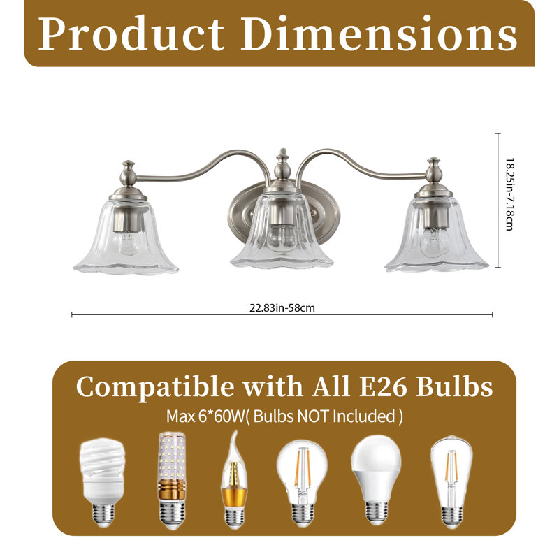 Nickel Bathroom Vanity Light, 3-Light Industrial Wall Sconce with Bell-Shaped Glass, Nickel