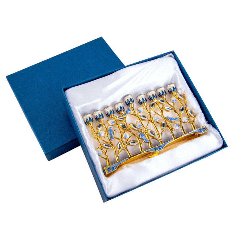 Menora de Hanoukka Monther en émail bleu avec bijoux Monther