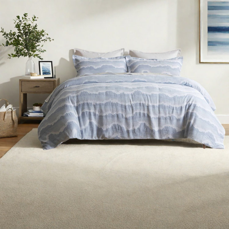 Premium 3-Piece King Cotton Jacquard Bedding Sets, Blue Modern Bedroom