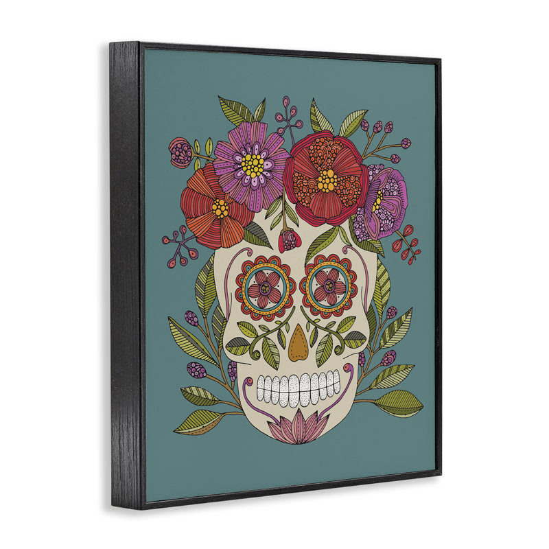 «Floral Sugar Skull», estampe numérique par Valentina Harper, Giclée encadrée noir minuit, H 20 po x l 16 po