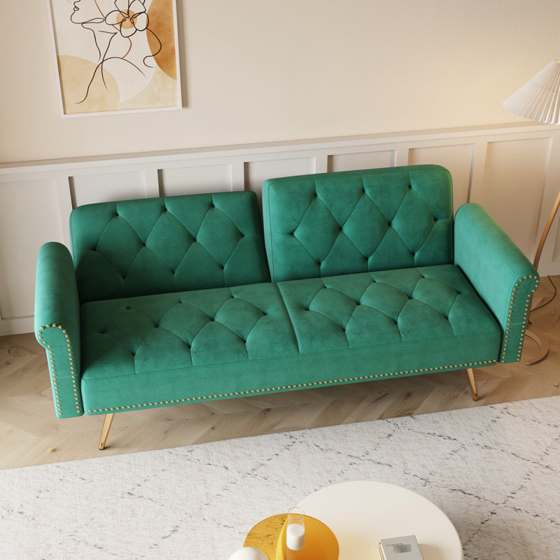 Velours, lit de 69,7 pouces, 2 sièges, décor de chambre à coucher moderne, garniture cloutée, pieds en métal doré, rembourrage en éponge, assemblage avec option de marches simples, dossier et processus facile