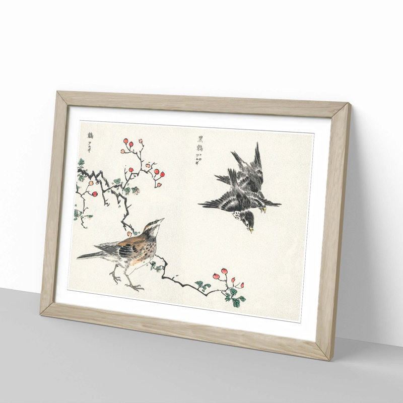 Thrush Birds by Numata Kashu - Picture Frame Painting Print, Oak, 60cm H x 91cm W x 2cm D