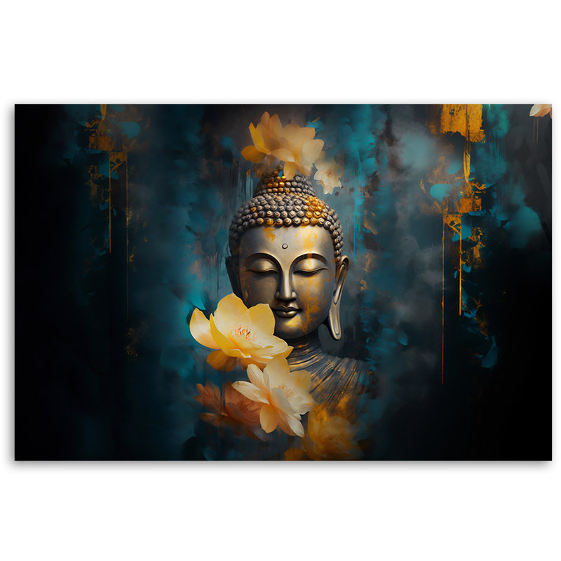 Buddha And Golden Flowers - No Frame Print on Canvas, 60cm H x 90cm W